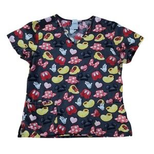 Disney Mickey Minnie Mouse Scrub Top V-Neck Medical Uniform Black Red Womens 140